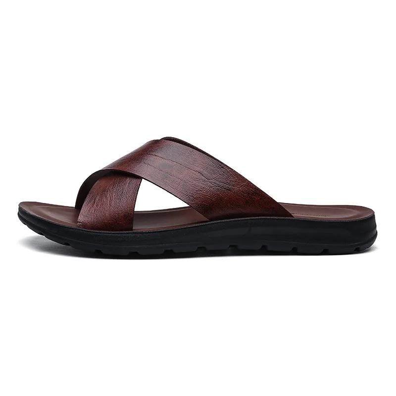 Fashion Slippers for Men Italian Leather Slippers Summer New Beach Shoes for Men Fashion Outdoor Casual Flat Slippers Big Size47 Slides