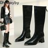 Winter Fashion Thick Heel Women Mordern Long Metal Pointed Toe Short Plush Female Banquet Party Knee High Top Booties