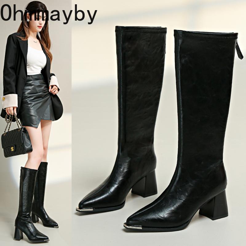 Winter Fashion Thick Heel Women Mordern Long Metal Pointed Toe Short Plush Female Banquet Party Knee High Top Booties