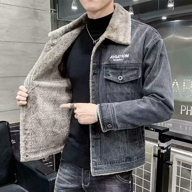 Herren Winter Denim Jacke: Dicke, Warme, Trendige, Vielseitige, Winddichte, Samtgefütterte, Modische Revers, Mehrere Taschen, Oberbekleidung