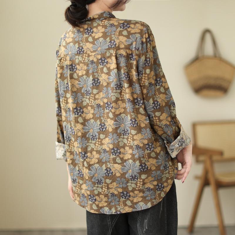 1116 Early Autumn New Literary and Retro Printing Cotton and Linen Long-sleeved Shirt Women's Autumn Loose Mother Shirt