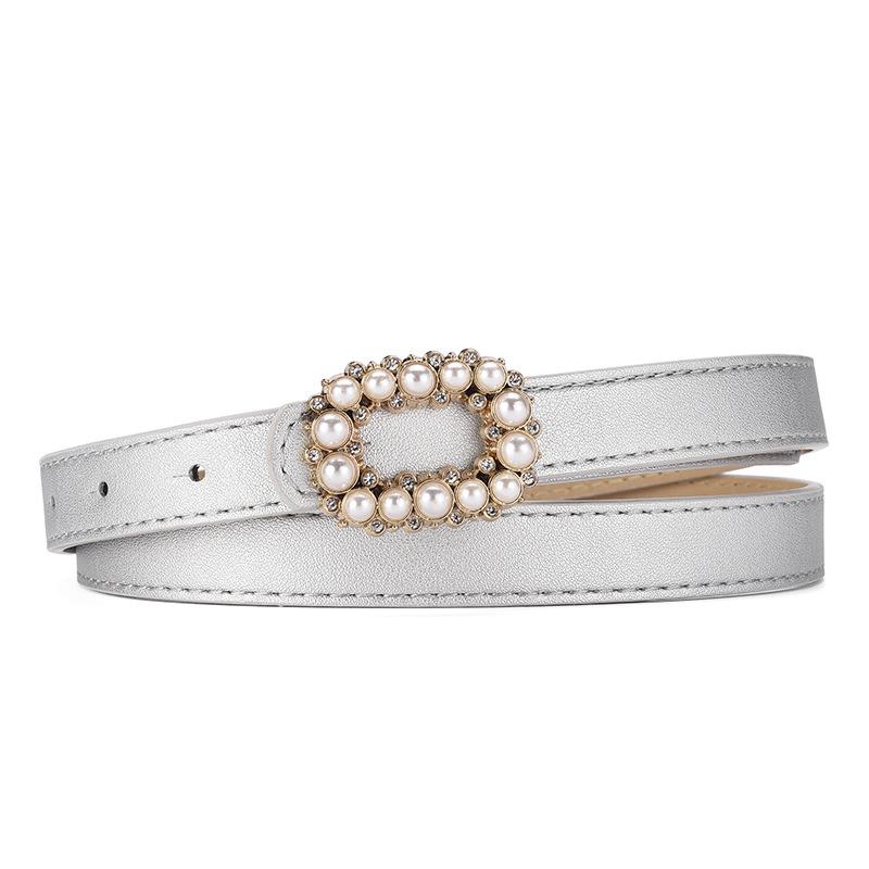 Pearl-Inlaid Ladies' Thin Waistband Fashionable Leather Belt with Decorative Plate Buckle