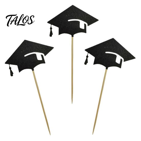 Hat Cake Decoration 6 Pcs Graduation Toppers, Mini Grad Cap Cupcake Black Burr-free Glitter Food Appetizer Picks for Class of 2026 Party Supplies
