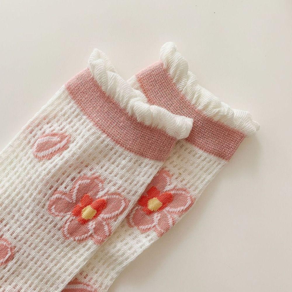 6Pairs Mesh Hollow Transparent Flower Socks Breathable Sweet Socks Women Mid Tube Socks  Streetwear