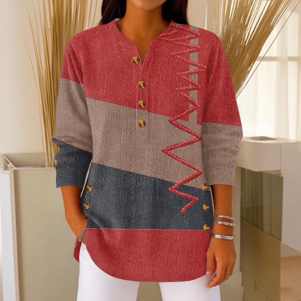 Women's Fashionable Button Collar Long-sleeved Christmas Print Pullover Top