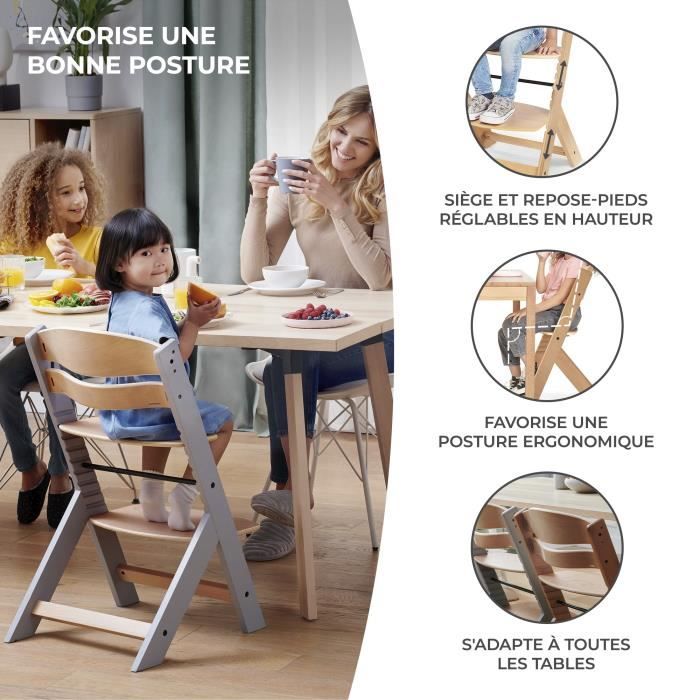 Chaise d'alimentation Kinderkraft ENOCK, 3 en 1, bois naturel, dossier évolutif et profilé, réglable, gris