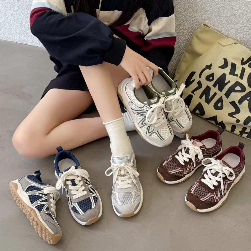 Leather Mesh Women's Early Autumn New Round Head Thick Sole Breathable Casual Sports Shoes Tide