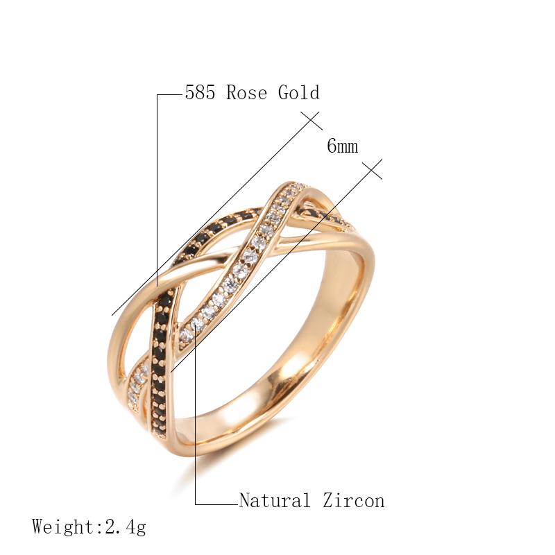 Kinel Luxury 585 Rose Gold Natural Black Zircon Ring Geometric Line Cross Wedding Rings for Women Vintage Fashion Jewelry