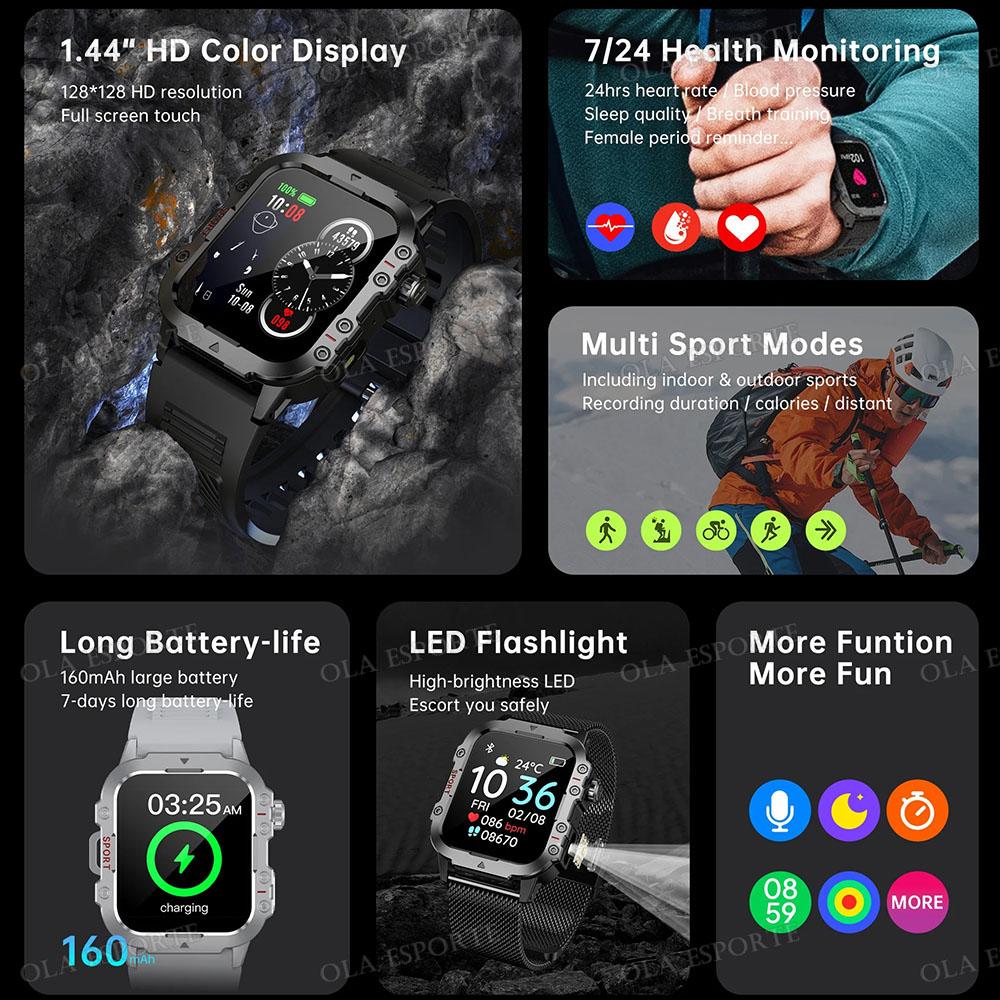 New Military Smart Watch Men IP67 3ATM Outdoor Sports Fitness Tracker Health Monitoring 1.44 Inch Bluetooth Call Smartwatch