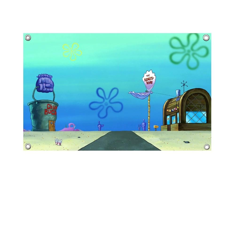 1PCSpongeBob SquarePants Bikini Bottom Flag Banners Four Hole Flag Polyester Outdoor Decor Room Aesthetic