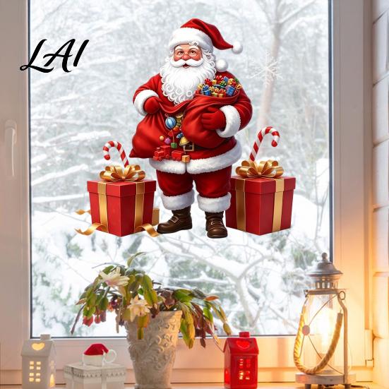 Holiday Glass Stickers Santa Claus Window Static Sticker Reusable Waterproof PVC Christmas Decal Decorative Xmas Decals HD Printing Clings for Home