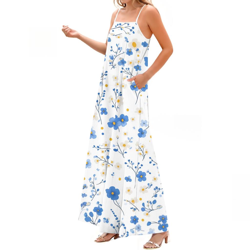 Women's Spring And Summer Casual Fashion Adjustable Suspender Printing Long Dress
