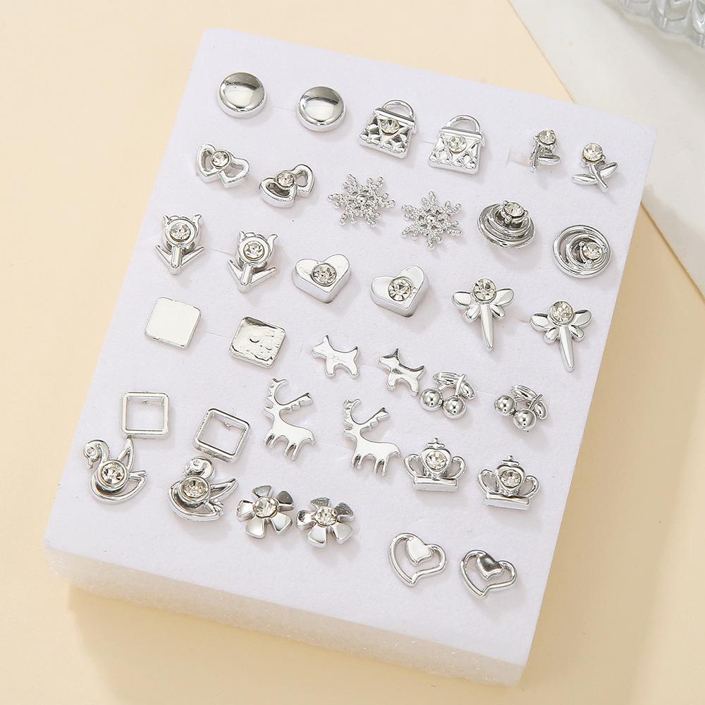 Popular 18 Pairs of Small Stud Earrings, Geometric Multi-pattern Cartoon Versatile Alloy Earrings