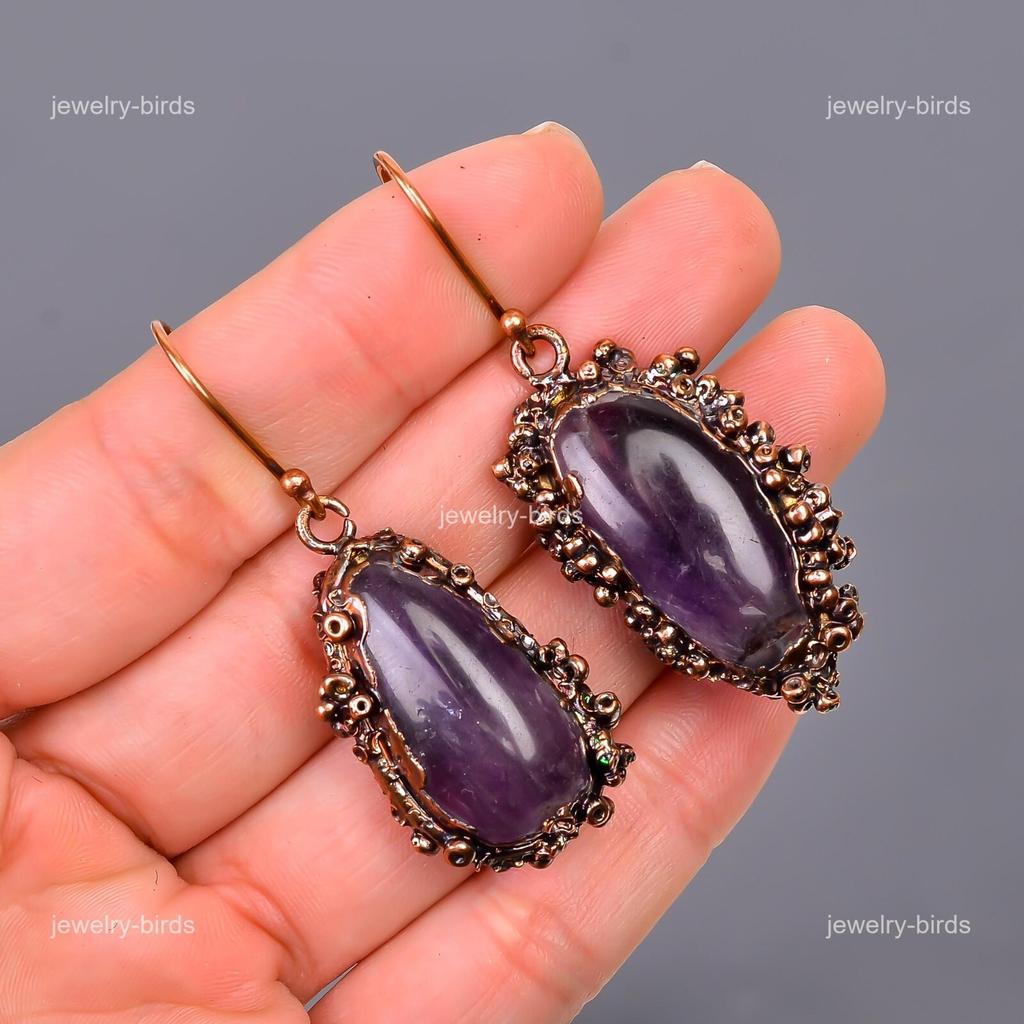 Amethyst Stone Hook Boho Drop Dangle Mothers day Electroformed Earrings Copper V-111