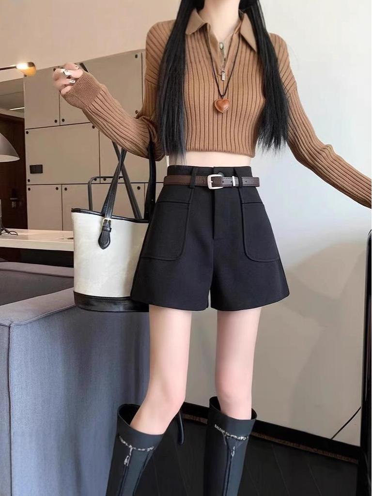 Petite Woolen Bootcut High Waist Wide Leg Pants - Autumn/Winter Casual Suit Shorts
