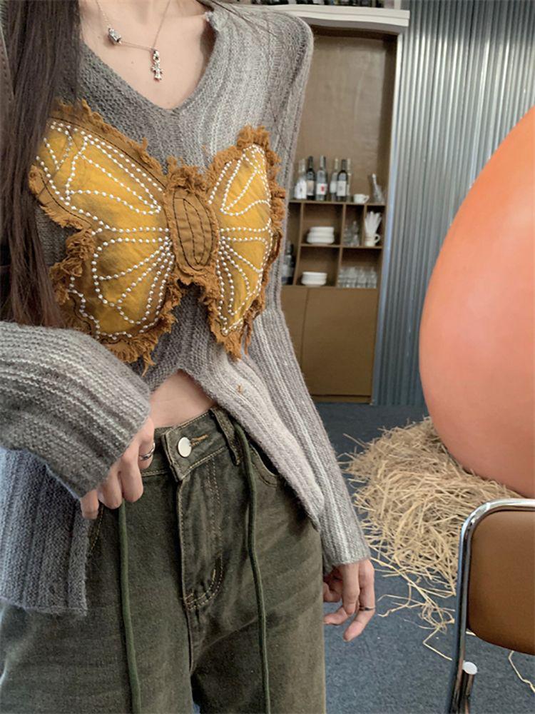 Butterfly Design Slim Fit Long Sleeve Knitted Sweater for Women - Autumn Collection
