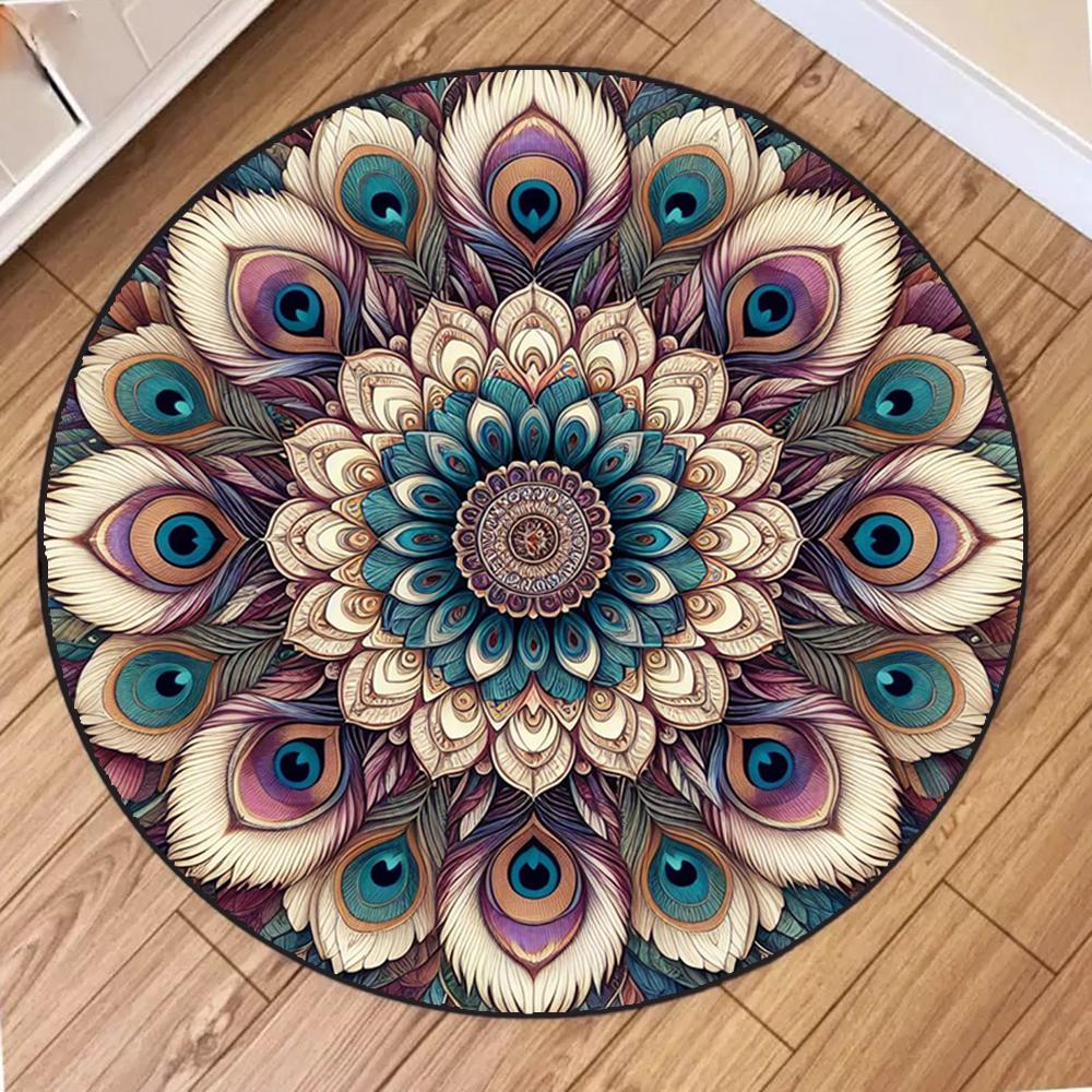 Runder Mandala-Blumenmuster-Teppich Boho-Stil Matte Rutschfest Fleckenbeständig Langlebig für Wohnzimmer Schlafzimmer Heimdekoration