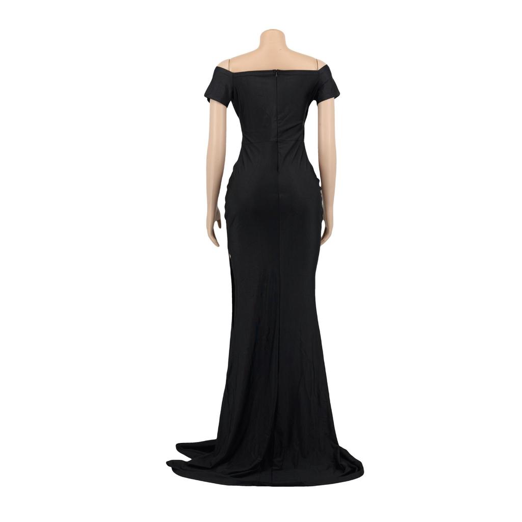 AL243 European and American Women's Sexy V-neck Evening Dress - High Slit, Solid Color, Short Sleeve for Spring/Summer