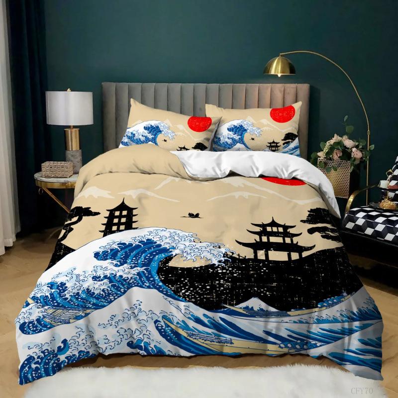 Japanese Style Duvet Cover Pillowcase 3D Pattern Ukiyo-E Wave Bedding Set Adult Bedroom Decoration Single Double Large Size