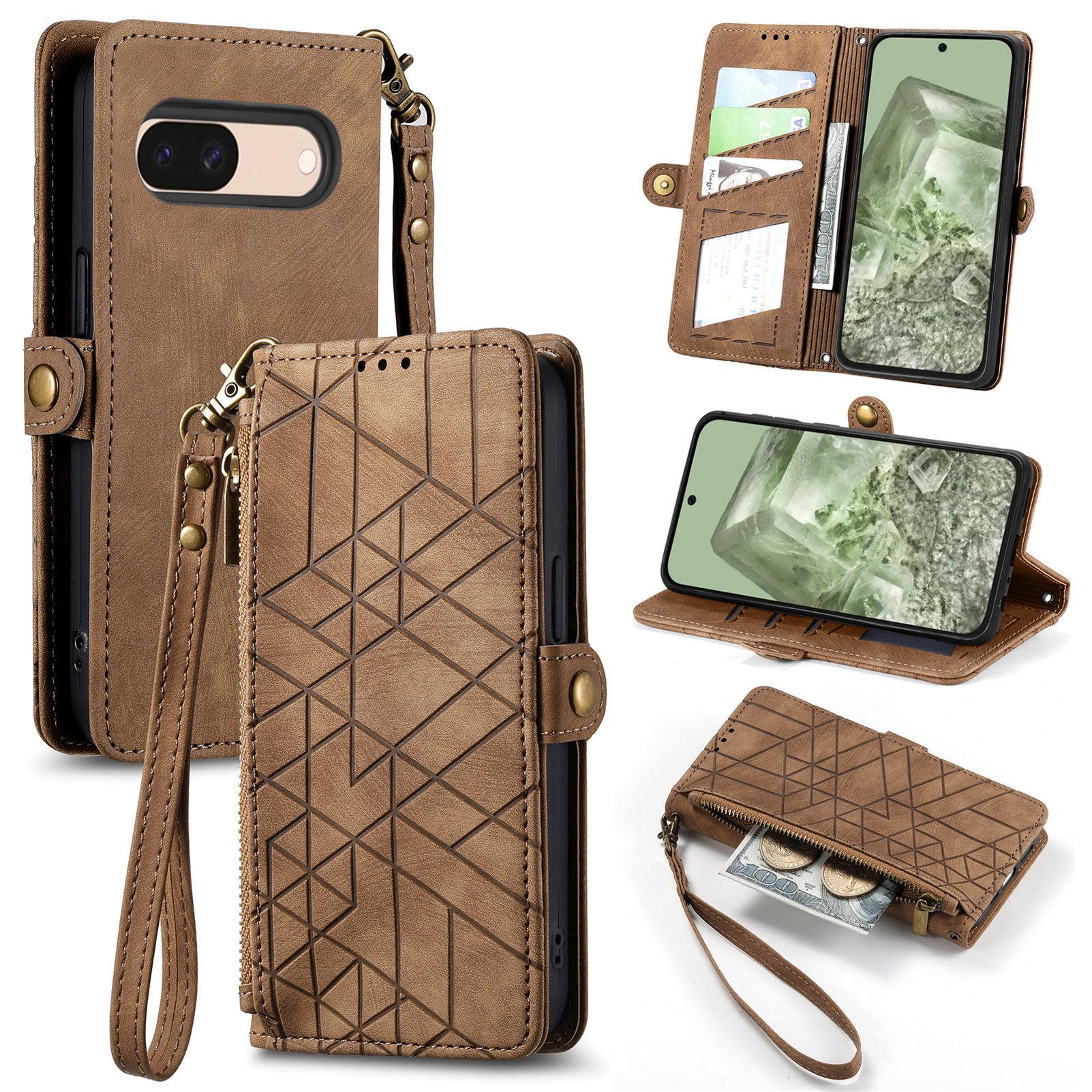 

For Google Pixel 8a Zipper Wallet Case Geometry Lines Leather Phone Cover with Strap Brown