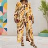 Women Plus Size Round Neck Long Sleeve Printed Layered Top Wide Leg Cropped Pants Two Piece Set