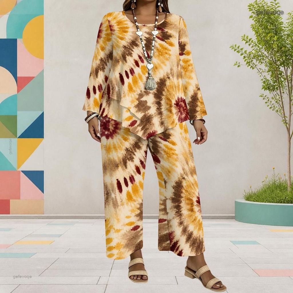 Women Plus Size Round Neck Long Sleeve Printed Layered Top Wide Leg Cropped Pants Two Piece Set