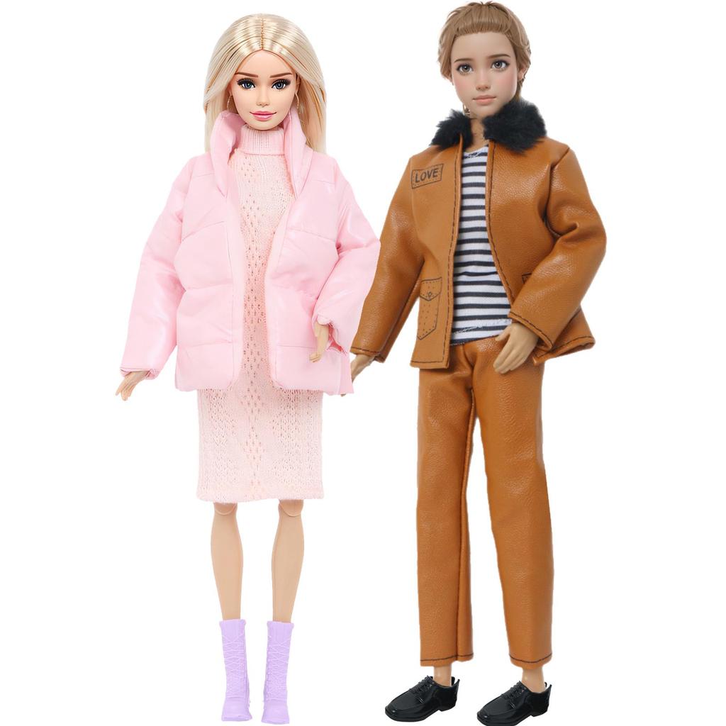 Winter 11.5'' Doll Clothes Couple Puffy Warm Coat Knit Dress Lady Men Jacket Tops Pants Boots Shoes 30cm Doll Accessries Gift