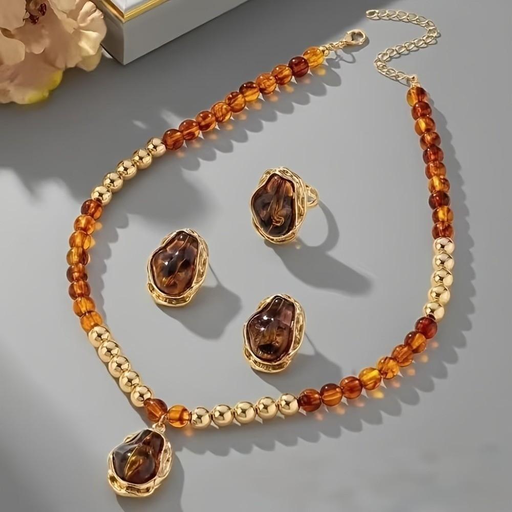 Elegant Style Artificial Pearl Jewelry Set Irregular Design Earrings Necklace Ring Set Women
