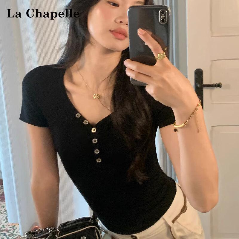 La Chapelle Women s Ribbed V-Neck Button Short Sleeve Knit Top L