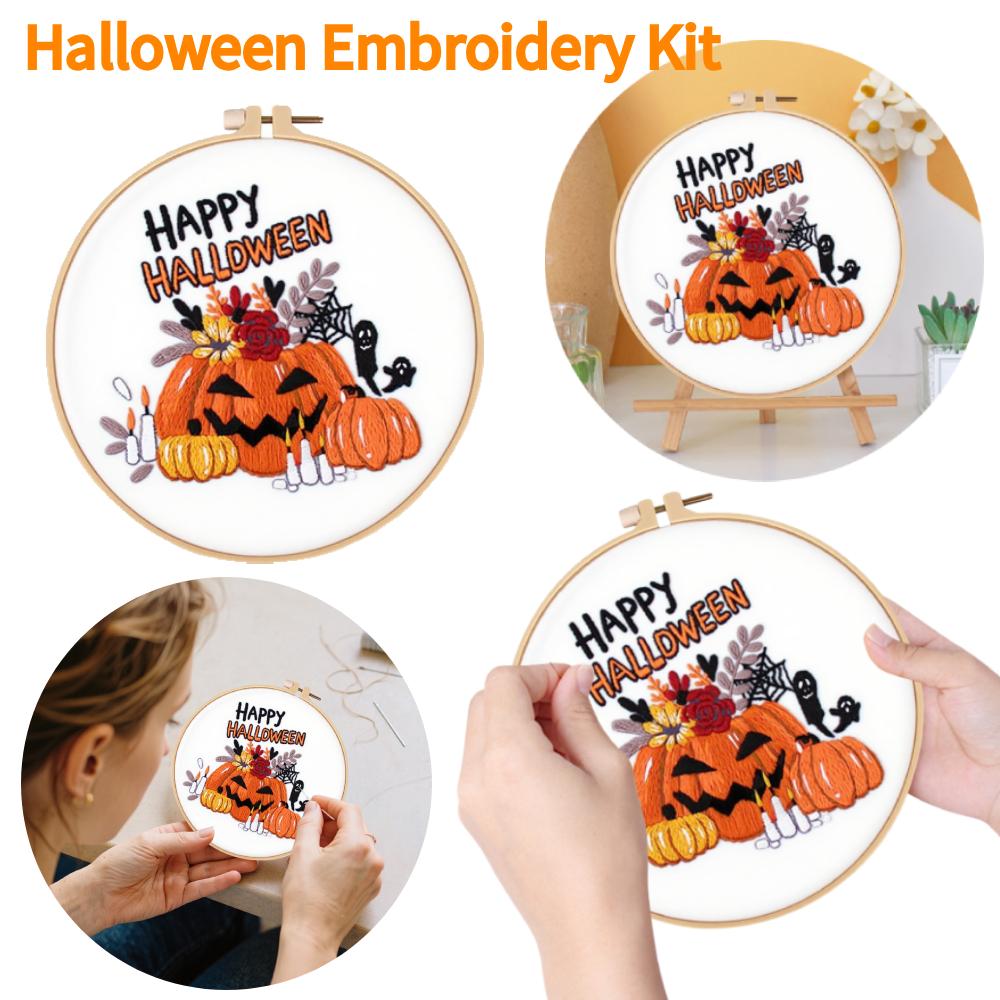 Halloween Hand Embroidery Counted Stamped Embroidery Kit Cross Stitch Needlepoint Halloween Craft Needlework for Adults Beginner
