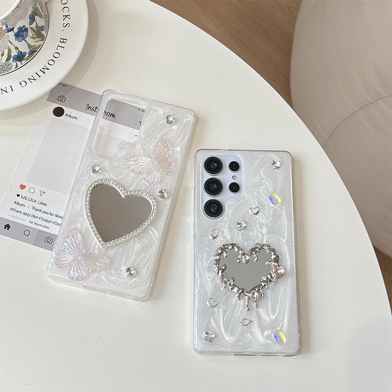 Drip Glue Water Diamond Love Mirror Phone Case for Samsung S25ultra Butterfly S24plus Love Gem A16