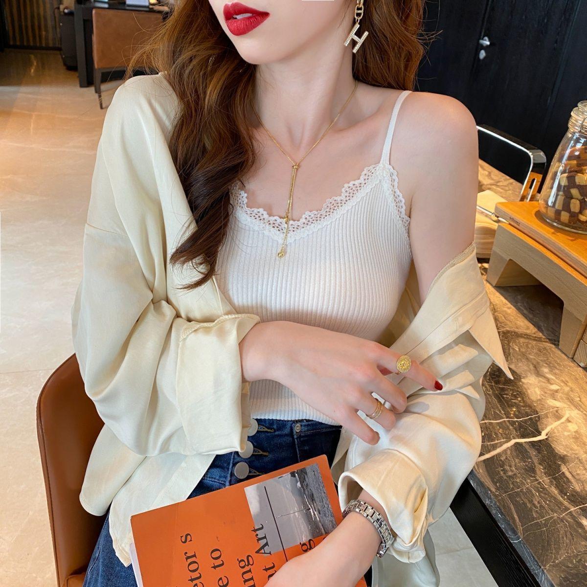 

Женские камзолы на весну, лето и осень, облегающие сексуальные кружевные вязаные однотонные топы из ледяного шелка с лямкой на бретельках M белый