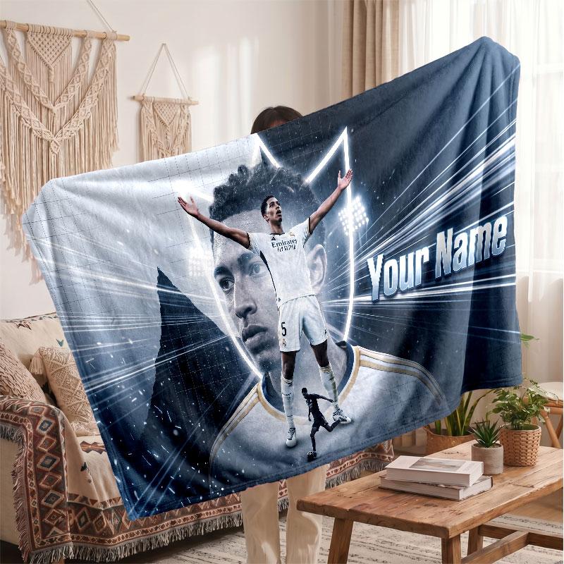 Jude Bellingham Personalized Fleece Blanket With Football Logo, Custom Name Text Soft Warm Home Throw Blanket