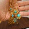 Blue Natural Stone Geometric Pendant Necklace Vintage Court Style Hollow Carved Clavicle Chain Titanium Steel Necklace