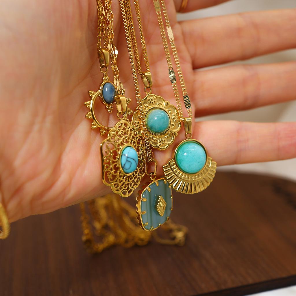 Blue Natural Stone Geometric Pendant Necklace Vintage Court Style Hollow Carved Clavicle Chain Titanium Steel Necklace