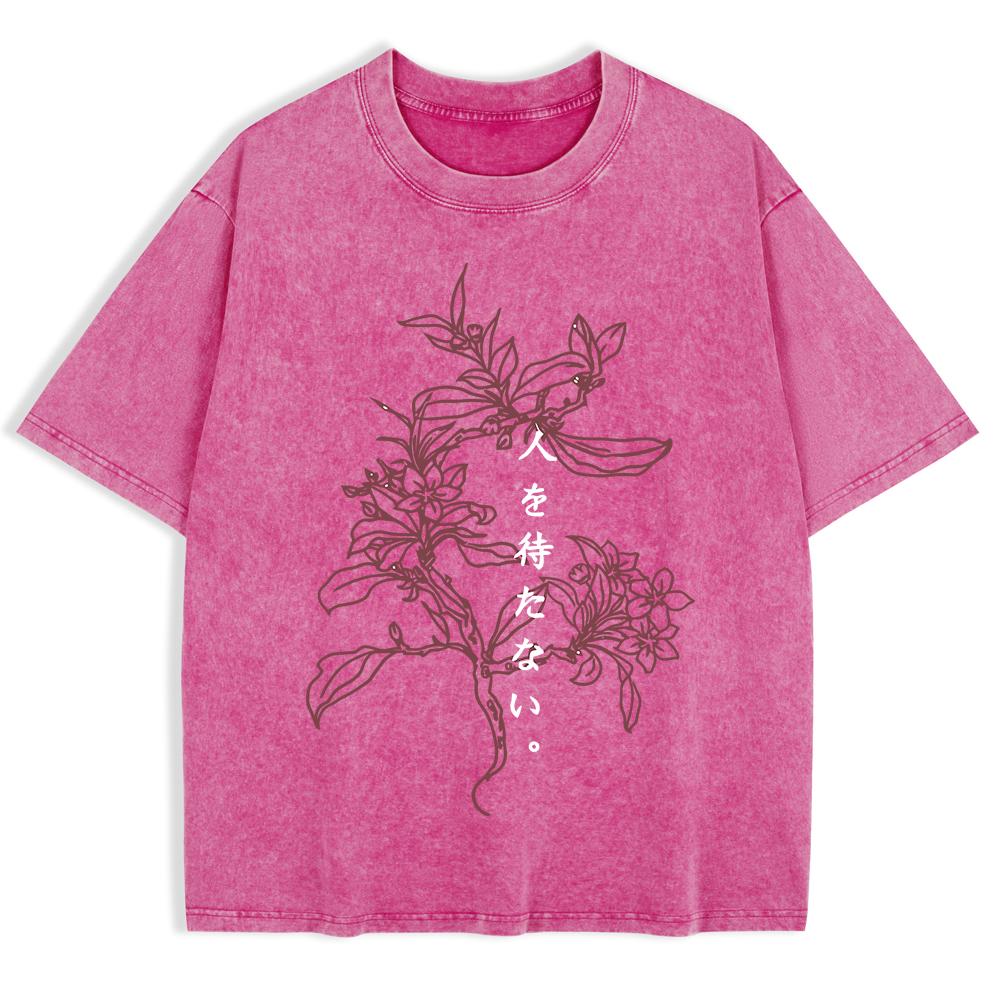 A Flower Blooming Alone Printed Washed T-Shirts Mens Cotton Short Sleeve Tops Basic O-Neck Oversized T Shirt Clothes