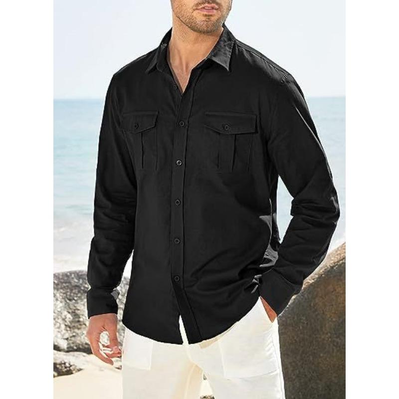 Men's Shirt with Double Pockets Cotton Linen Long Sleeved Shirt Casual Vacation Shirt