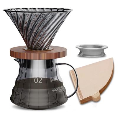 ESTVLB Kaffeekanne, Hitzebeständiges Glas, Holzhalter, Kaffeetropfer, 600 ml, mit Skala, Für 2 bis 4 Personen, Kaffeetropfgerät, Mikrowellengeeignet,