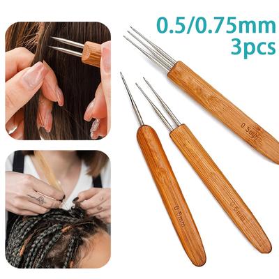 3 Piezas 0.5/0.75Mm Aguja de Crochet de Madera para Cabello Trenzas Dreadlocks Ganchillo para Cabello de Una/Doble/Triple Cabeza Agujas de Crochet para Cabello