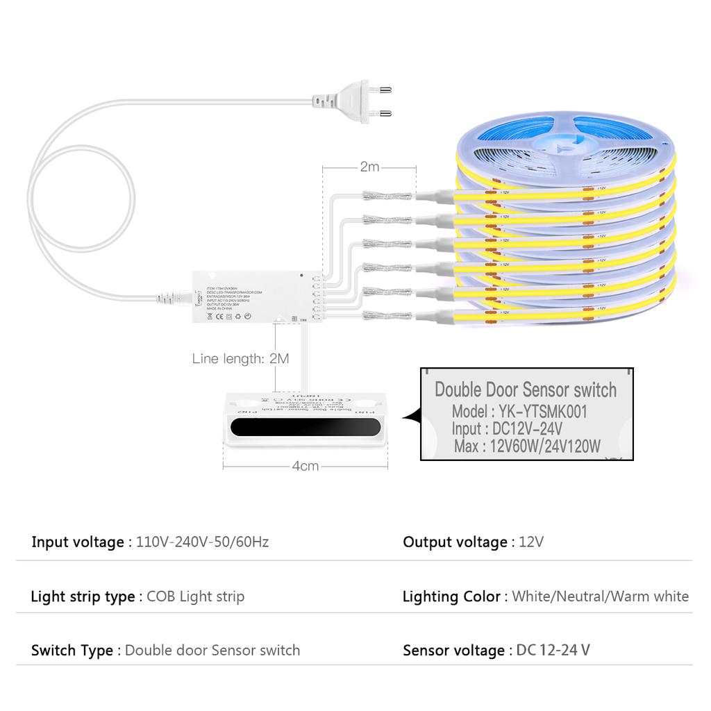 12V COB LED Strip Light Smart Double Door Sensor Switch Cabinet Lights for Your Room Lighting Dupont LED Tape Door Open Light-ON