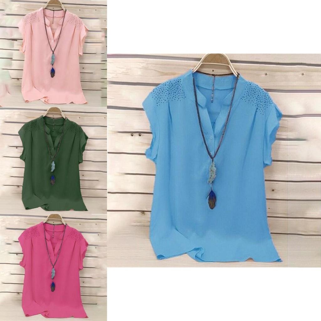 Elegant Womens Summer Button V Neck Short Sleeve T Shirt For Plus Size Ladies