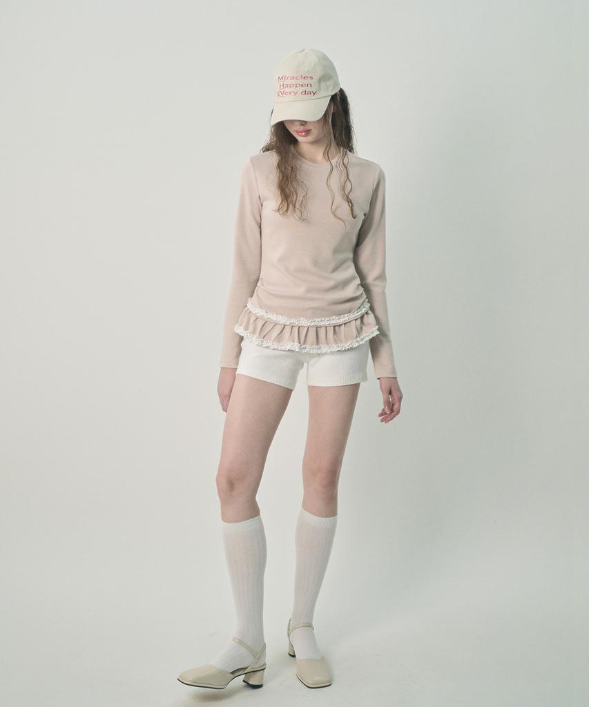 Mihebeu Double Lace Shirred Long Sleeve Pastel Pink