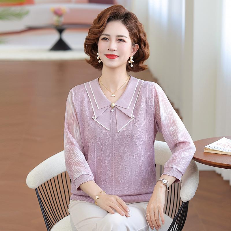Elegant Spring Knit Top: Stylish Jacquard Seven-Sleeve Design for Moms, Perfect Base Layer for Middle-Aged and Elderly Women