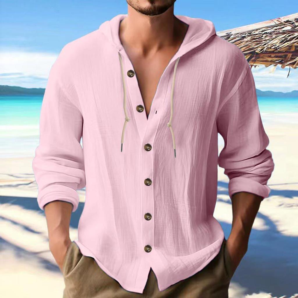Mens Fashion Casual Solid Color Simple Casual Button Hooded Shirt Top Casual Commuting Short Sleeved Shirt