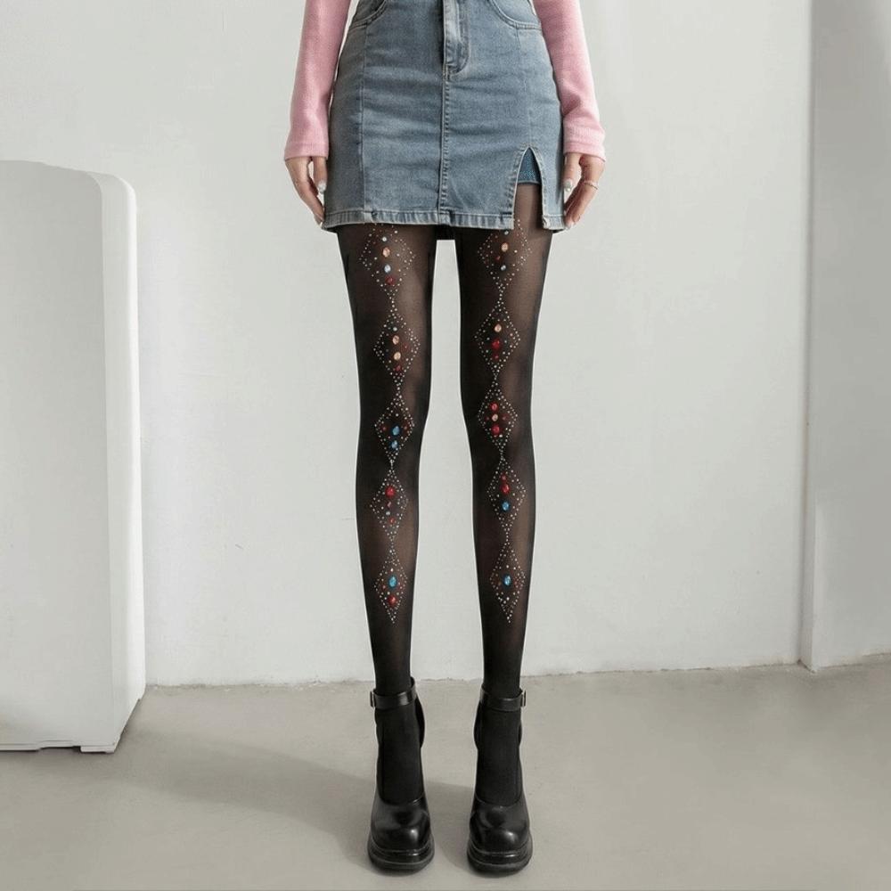 

Y2K Silk Stockings Dopamine Shiny Tights Street Fashion Colorful Rhinestone Pantyhose Women Style 2 Black