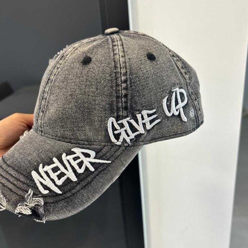 Letter embroidery washed denim baseball cap women's American retro ripped old cap soft top big head circumference hat