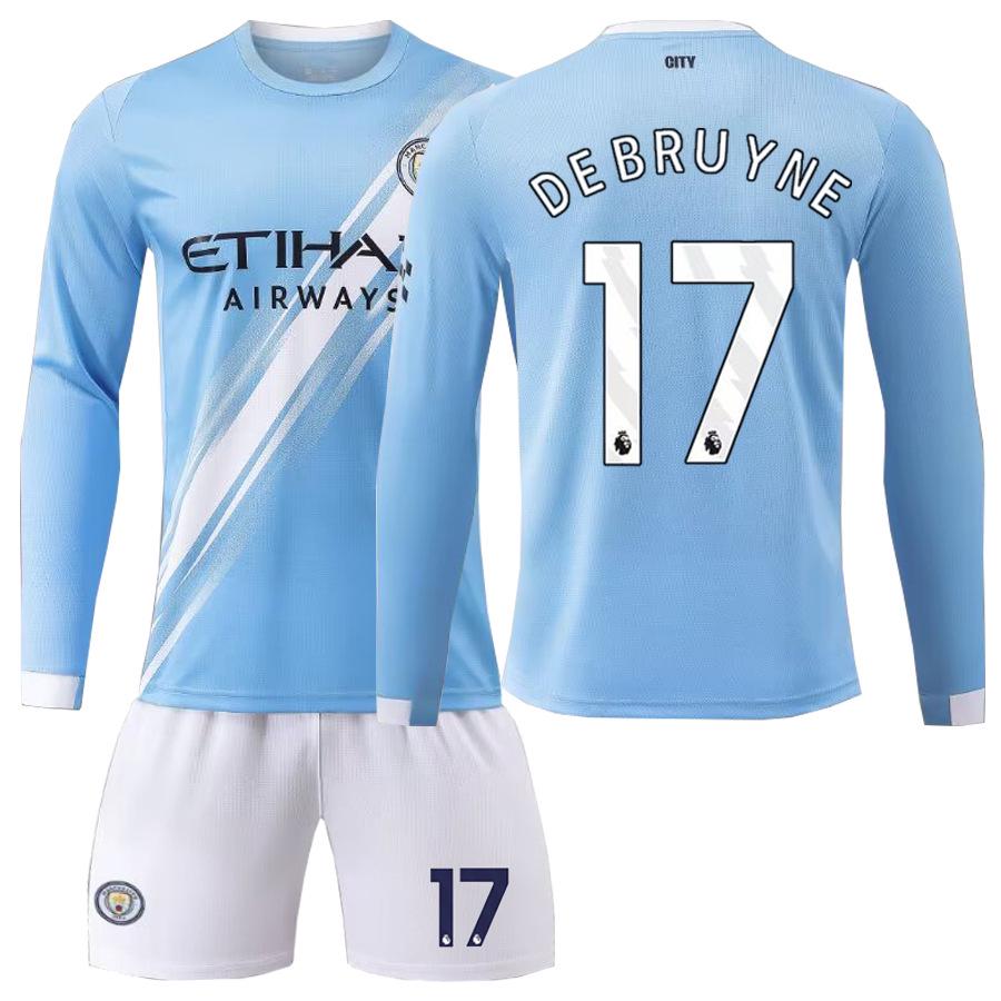 Set Maglia a Maniche Lunghe da Casa per Bambini del Manchester City: Haaland #9, Foden #47, Mahrez #7.