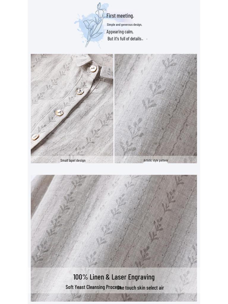 Women's Artistic Floral Print Linen Midi Dress - Summer, Loose Fit, Mid-Sleeve, Lapel Collar.