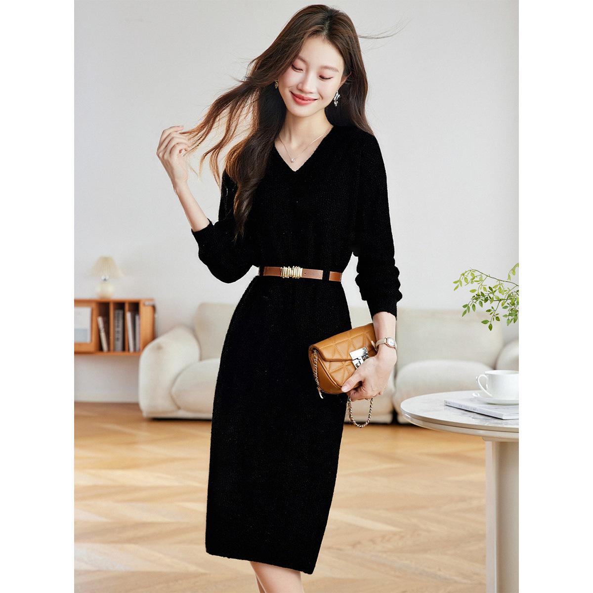 

2025 Women s Luxurious Red Knit Midi Dress - Perfect for Autumn/Winter Layering L чёрный