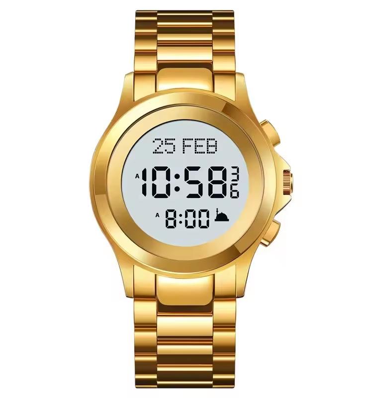 Stainless steel digital watch business fashion multi-function electronic prayer watch, waterproof watch